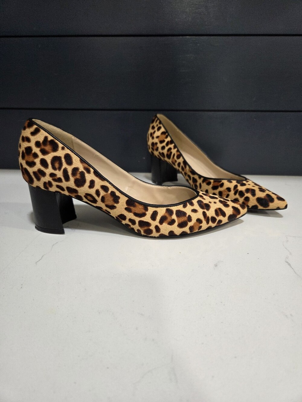 Marc Fisher Manna 6 Pointed Toe Real Cow FurBlock Heel Pumps - Leopard Print 7.5